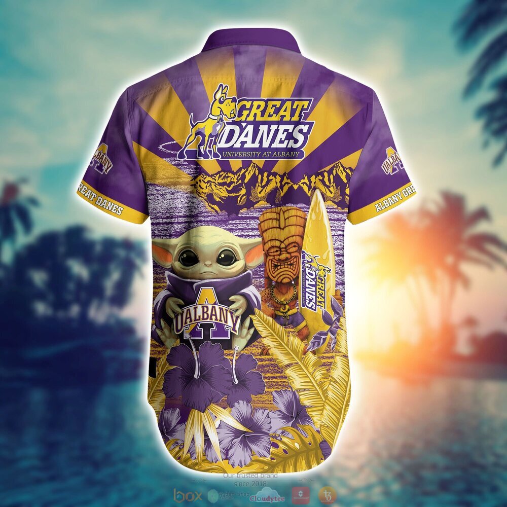Albany Great Danes Baby Yoda NCAA Hawaiian Shirt, Shorts 3 Albany Great Danes NCAA Baby Yoda Hawaiian Shirt Shorts 1 2