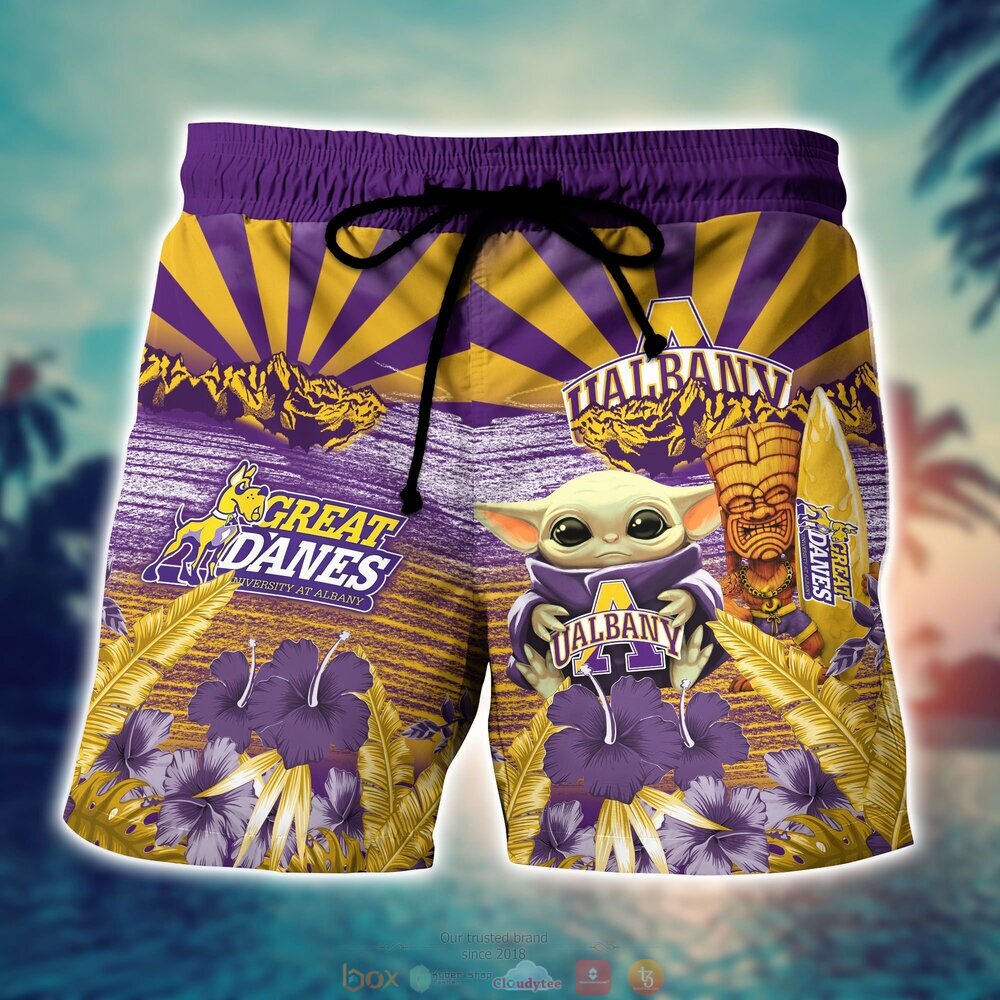 Albany Great Danes Baby Yoda NCAA Hawaiian Shirt, Shorts 4 Albany Great Danes NCAA Baby Yoda Hawaiian Shirt Shorts 1 2 3