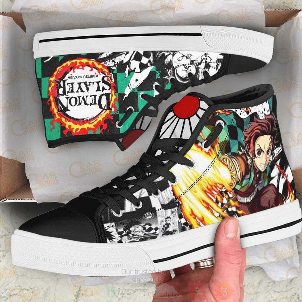 BEST Anime Demon Slayer Tanjiro Fire High Top Shoes 3 Anime Demon Slayer Tanjiro Fire High Top Canvas Shoes 1 2