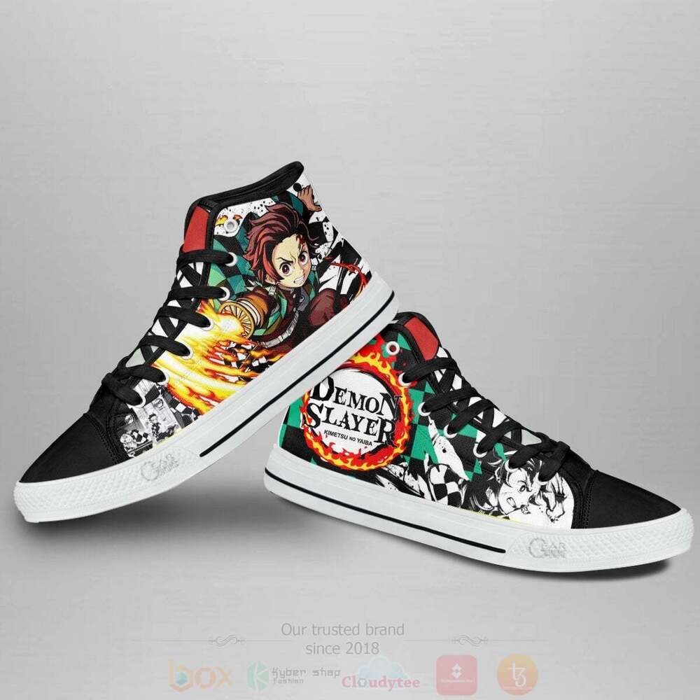 BEST Anime Demon Slayer Tanjiro Fire High Top Shoes 4 Anime Demon Slayer Tanjiro Fire High Top Canvas Shoes 1 2 3