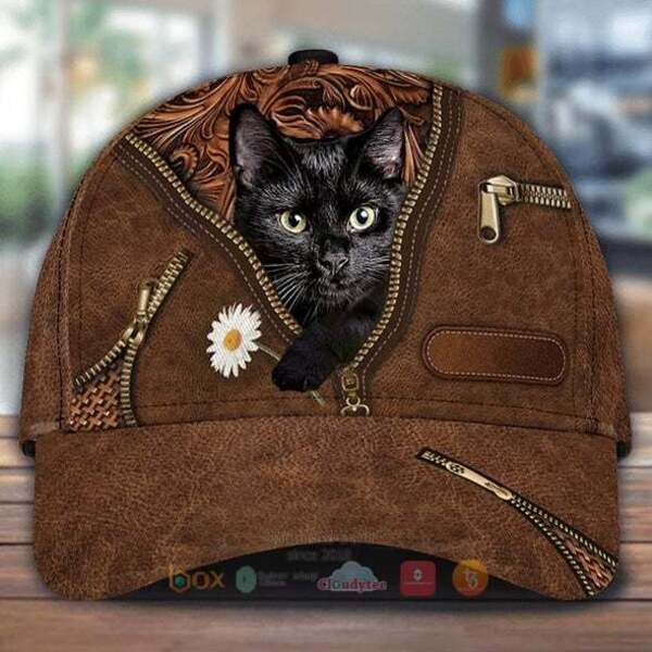 Black Cat Holding Daisy Cap Hat