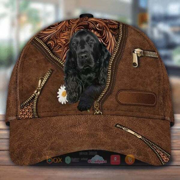 Black Cocker Spaniel Holding Daisy Cap Hat