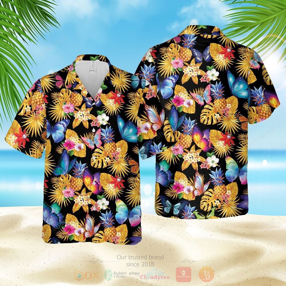 Butterfly Yellow Black Hawaiian Shirt Short