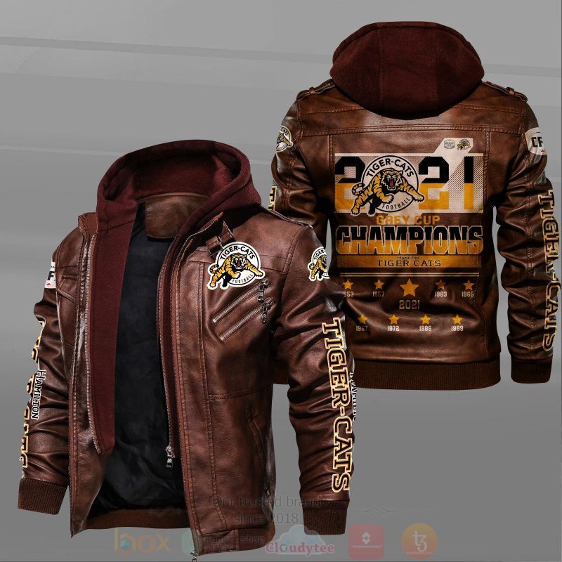 BEST CFL Hamilton Tiger-Cats 2D Leather PU Jacket 2 CFL Hamilton Tiger Cats Leather Jacket 1