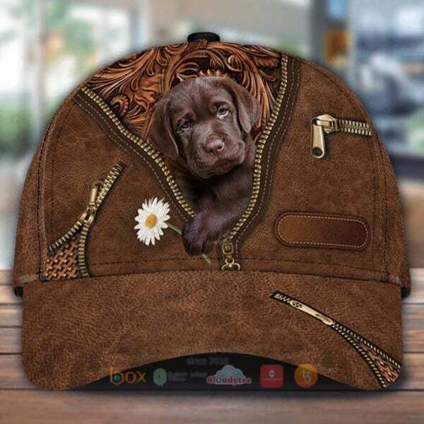 Chocolate Labrador Holding Daisy Cap Hat