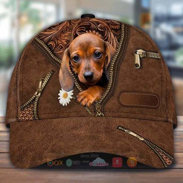 Dachshund Baby Holding Daisy Cap Hat
