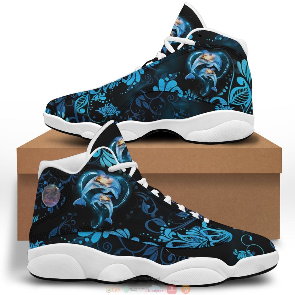Dolphins couple flower black blue Personalized Air Jordan 13 sneaker 7 Dolphins couple flower black blue Air Jordan 13 shoes