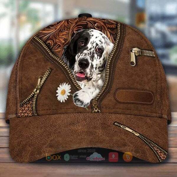 English Setter Holding Daisy Cap Hat