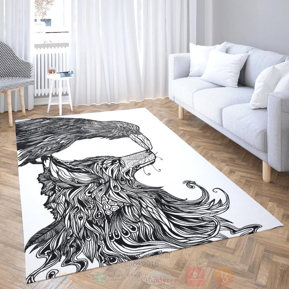 Fenrir And Raven Line Art Viking Area Rug 1