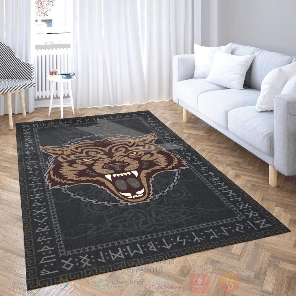 Fenrir Bound by Chains and Sealed by Runic Viking Area Rug 1
