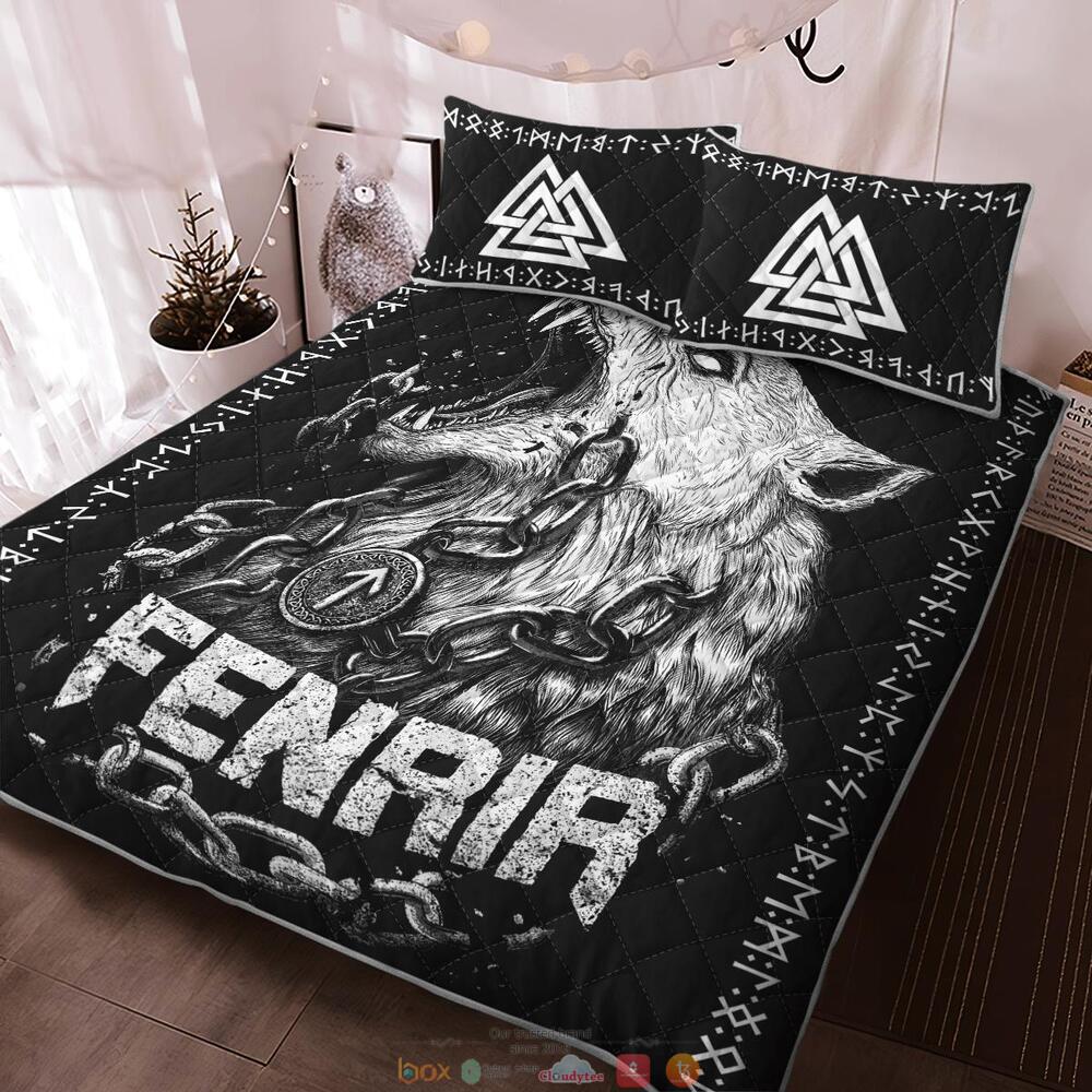Fenrir Wolf Chain And Valknut Quilt Bedding Set 1