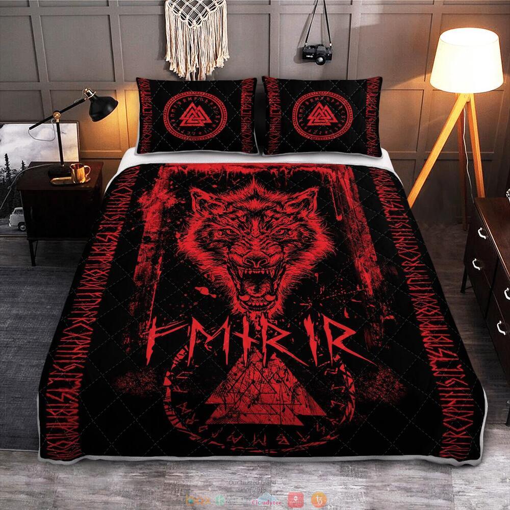 Fenrir Wolf Valknut And Rune Black Red Quilt Bedding Set