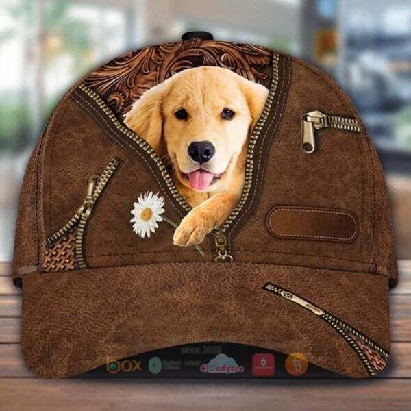 Golden Retriever Holding Daisy Cap Hat