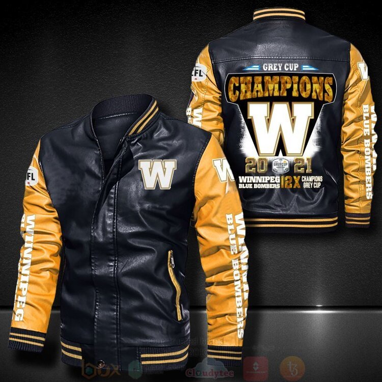 Grey Cup Champions Winnipeg Blue Bombers Bomber Leather Jacket 1 2 3 4 5 6 7 8 9 10 11
