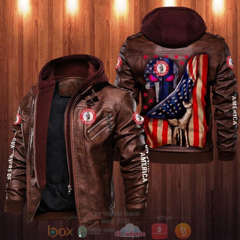 BEST Gun Owners of America Punisher Skull American Flag 2D Leather PU Jacket 2 Gun Owners of America Punisher Skull American Flag Leather Jacket 1