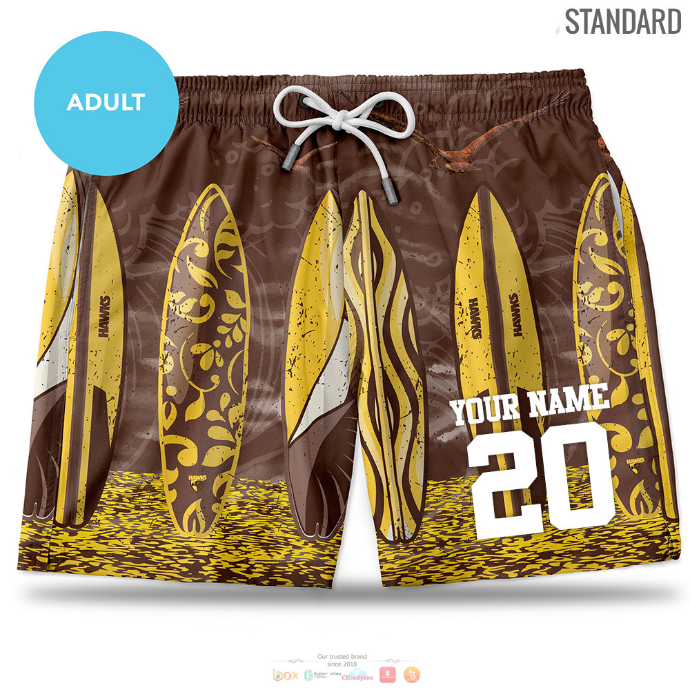 Personalized AFL Hawthorn Hawks Hawaiian shorts 3 Hawthorn Hawks AFL Hawaiian shorts 1 2