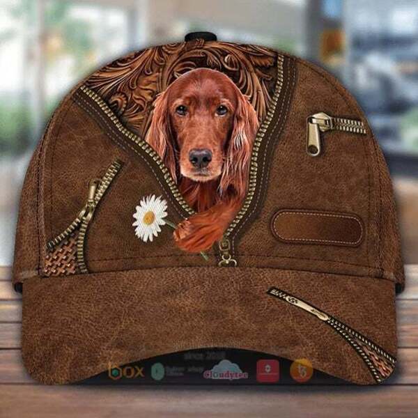 Irish Setter Holding Daisy Cap Hat