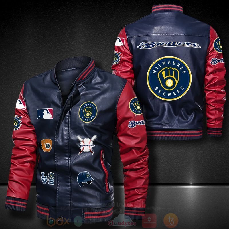 BEST MLB Milwaukee Brewers 2D Leather Bomber Jacket 4 MLB Milwaukee Brewers Bomber Leather Jacket 1 2 3