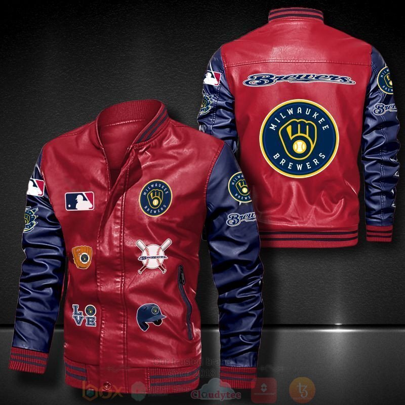 BEST MLB Milwaukee Brewers 2D Leather Bomber Jacket 5 MLB Milwaukee Brewers Bomber Leather Jacket 1 2 3 4