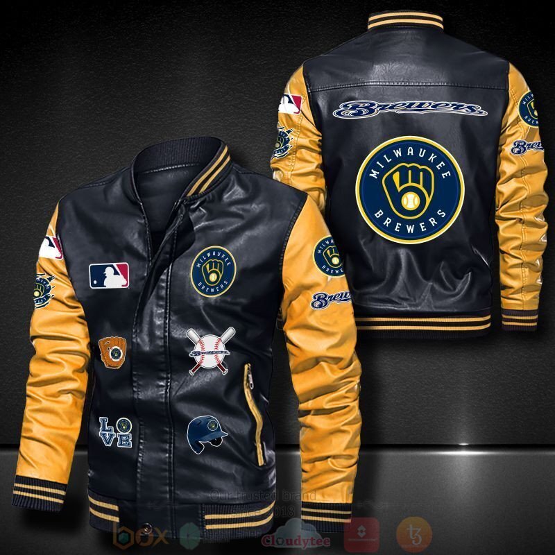 BEST MLB Milwaukee Brewers 2D Leather Bomber Jacket 6 MLB Milwaukee Brewers Bomber Leather Jacket 1 2 3 4 5