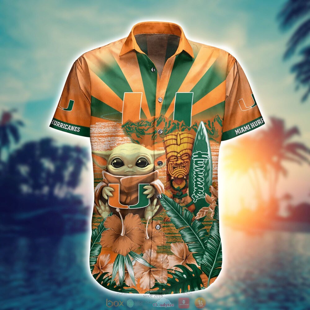 Miami Hurricanes Baby Yoda NCAA Hawaiian Shirt, Shorts 2 Miami Hurricanes NCAA Baby Yoda Hawaiian Shirt Shorts 1