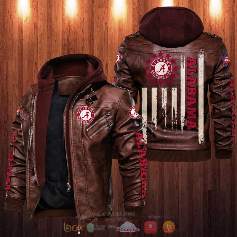 NCAA Alabama Crimson Tide thin line flag Leather Jacket 2 NCAA Alabama Crimson Tide thin line flag Leather Jacket 1