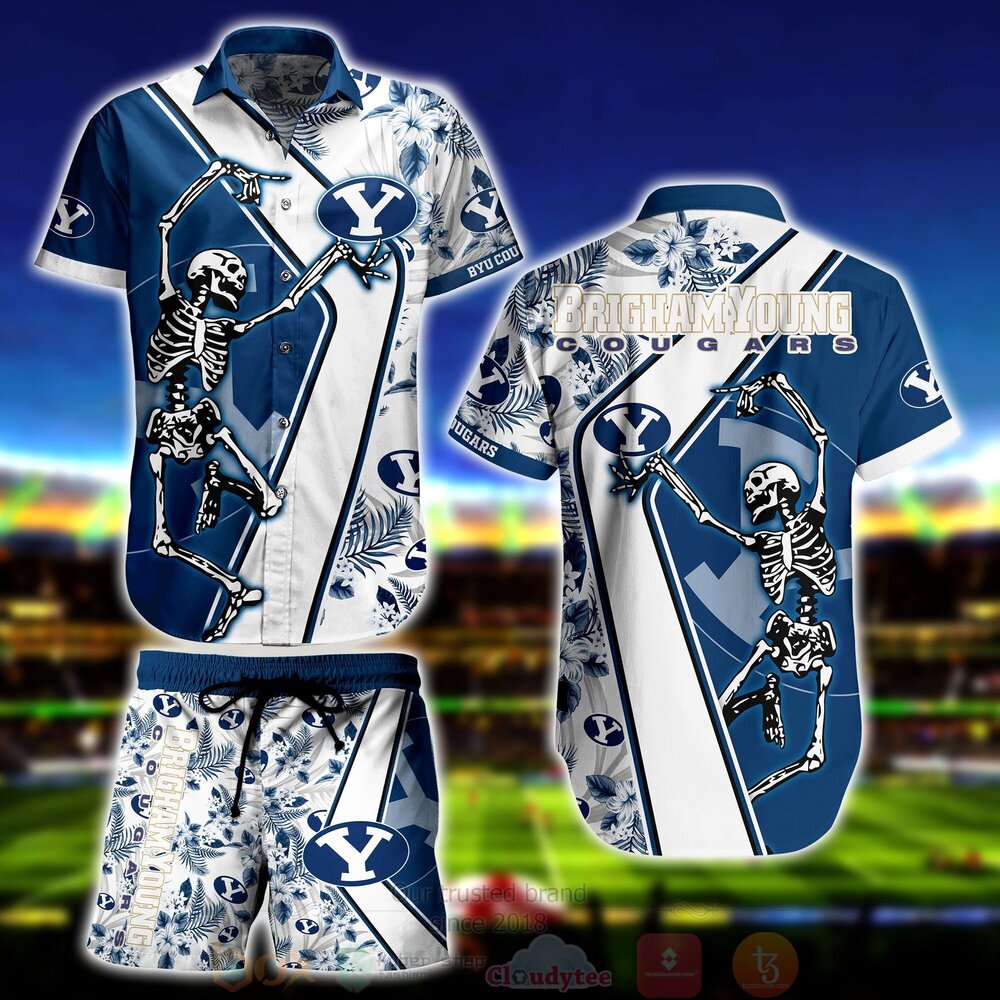 BEST NCAA BYU Cougars Skeleton Aloha Shirt, Short 1 NCAA BYU Cougars Skeleton Hawaiian Shirt Short
