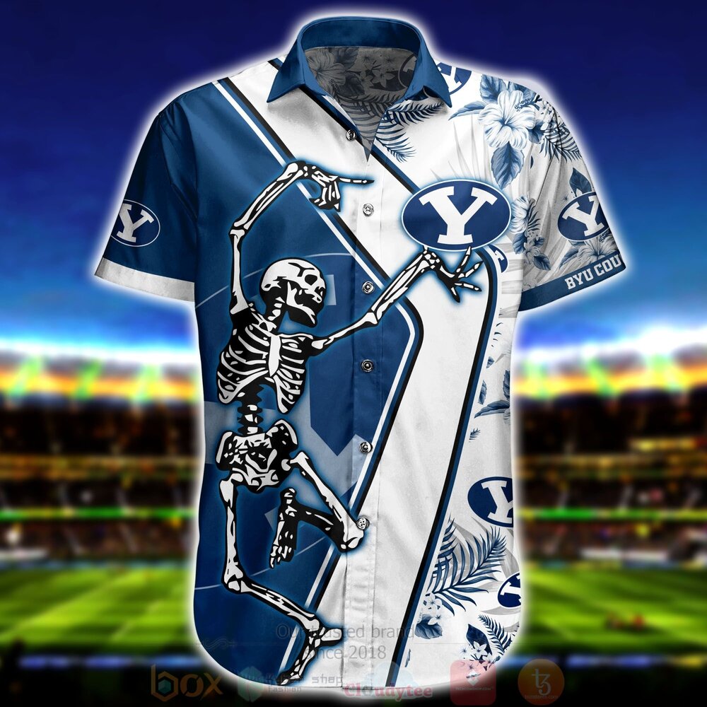 BEST NCAA BYU Cougars Skeleton Aloha Shirt, Short 2 NCAA BYU Cougars Skeleton Hawaiian Shirt Short 1 2