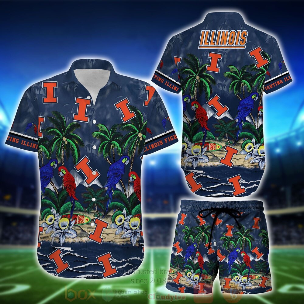 NCAA Illinois Fighting Illini Tropical Sea And Parrots Hawaiian Shirt Short