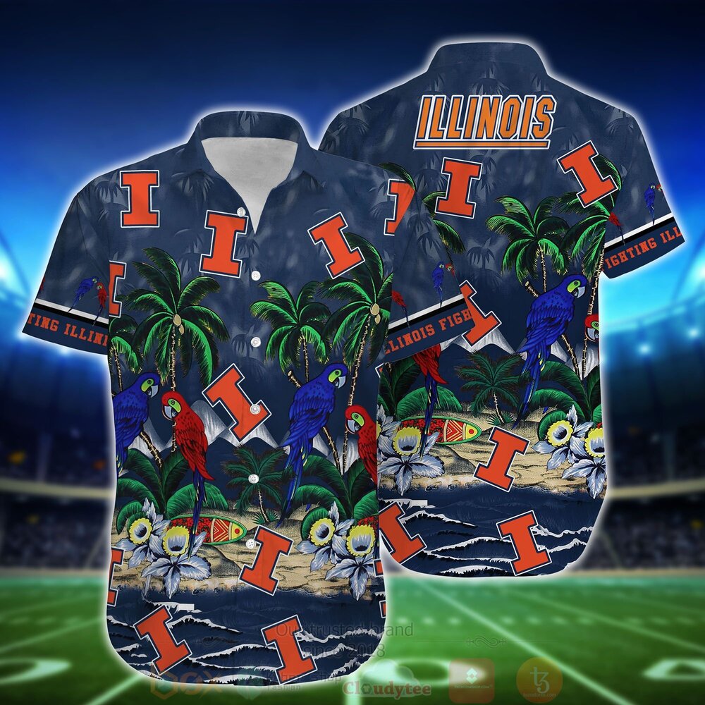 NCAA Illinois Fighting Illini Tropical Sea And Parrots Hawaiian Shirt Short 1