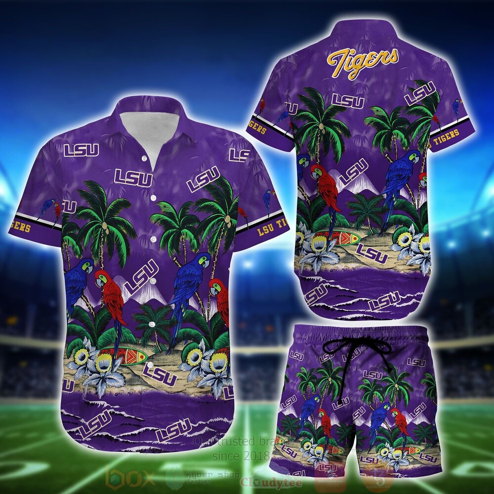 BEST NCAA LSU Tigers Tropical Sea And Parrots Aloha Shirt, Short 1 NCAA LSU Tigers Tropical Sea And Parrots Hawaiian Shirt Short