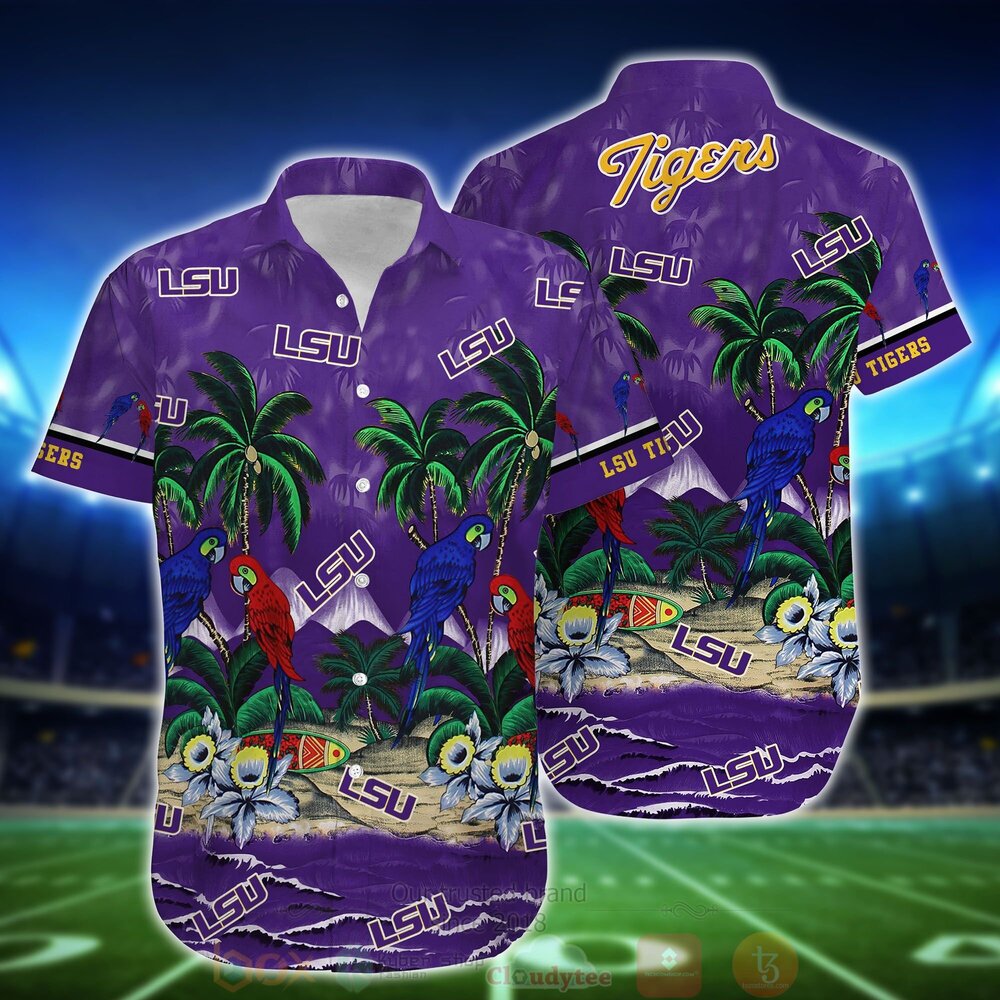 BEST NCAA LSU Tigers Tropical Sea And Parrots Aloha Shirt, Short 2 NCAA LSU Tigers Tropical Sea And Parrots Hawaiian Shirt Short 1