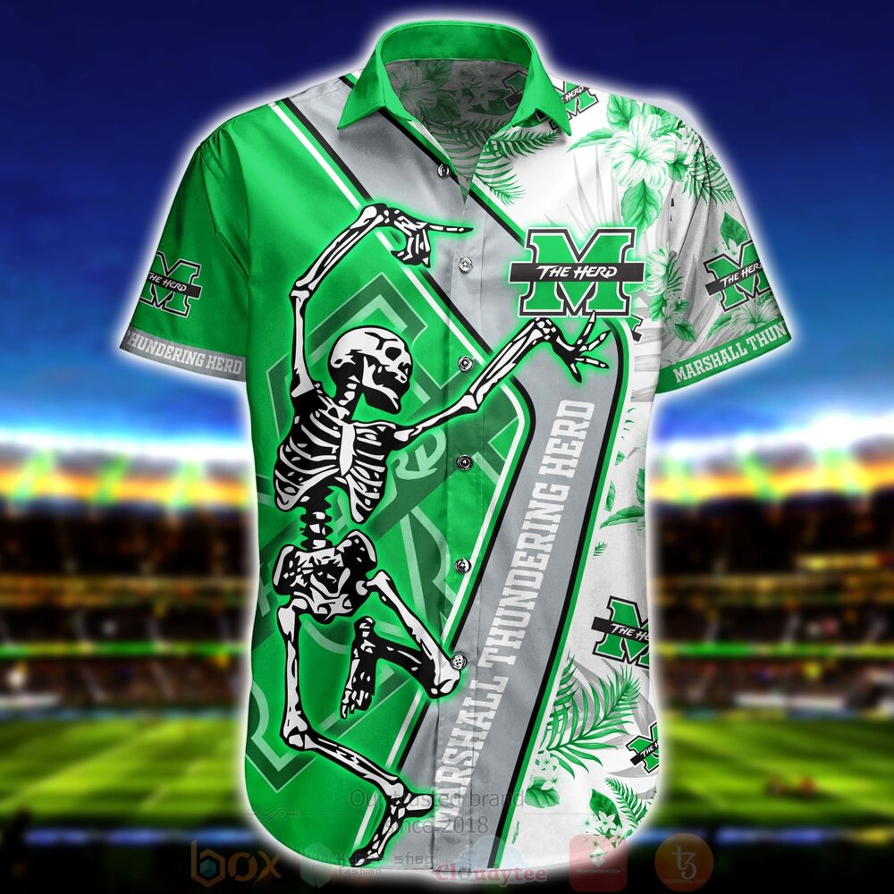 BEST NCAA Marshall Thundering Herd Skeleton Aloha Shirt, Short 2 NCAA Marshall Thundering Herd Skeleton Hawaiian Shirt Short 1 2