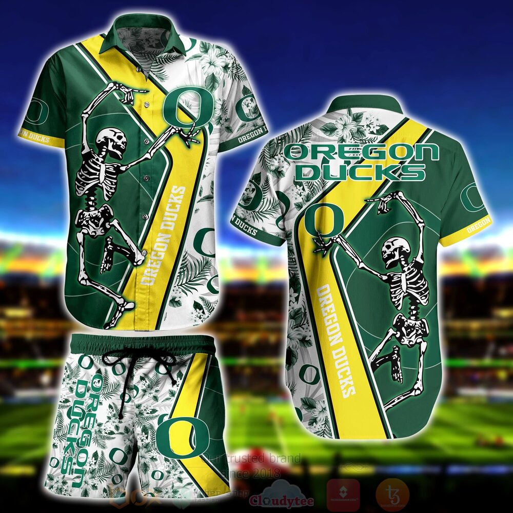 BEST NCAA Oregon Ducks Skeleton Aloha Shirt, Short 1 NCAA Oregon Ducks Skeleton Hawaiian Shirt Short