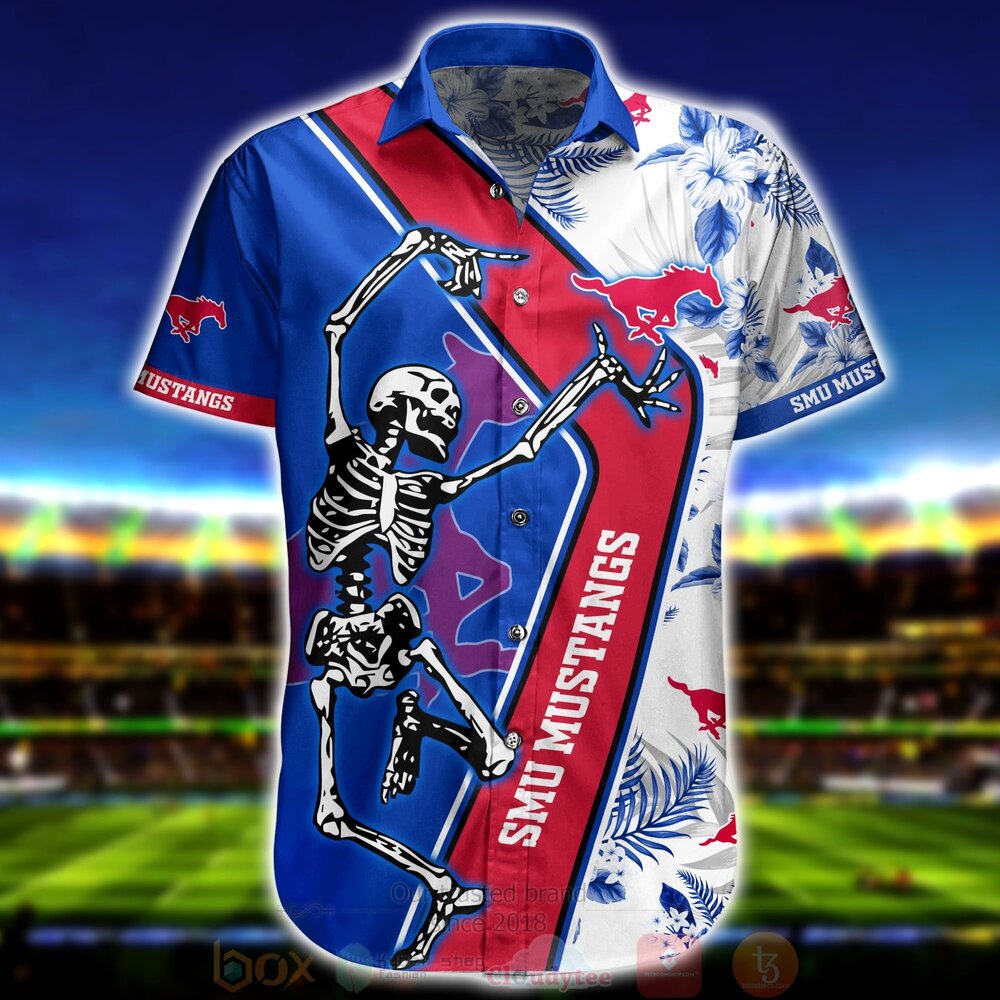 BEST NCAA SMU Mustangs Skeleton Aloha Shirt, Short 2 NCAA SMU Mustangs Skeleton Hawaiian Shirt Short 1 2