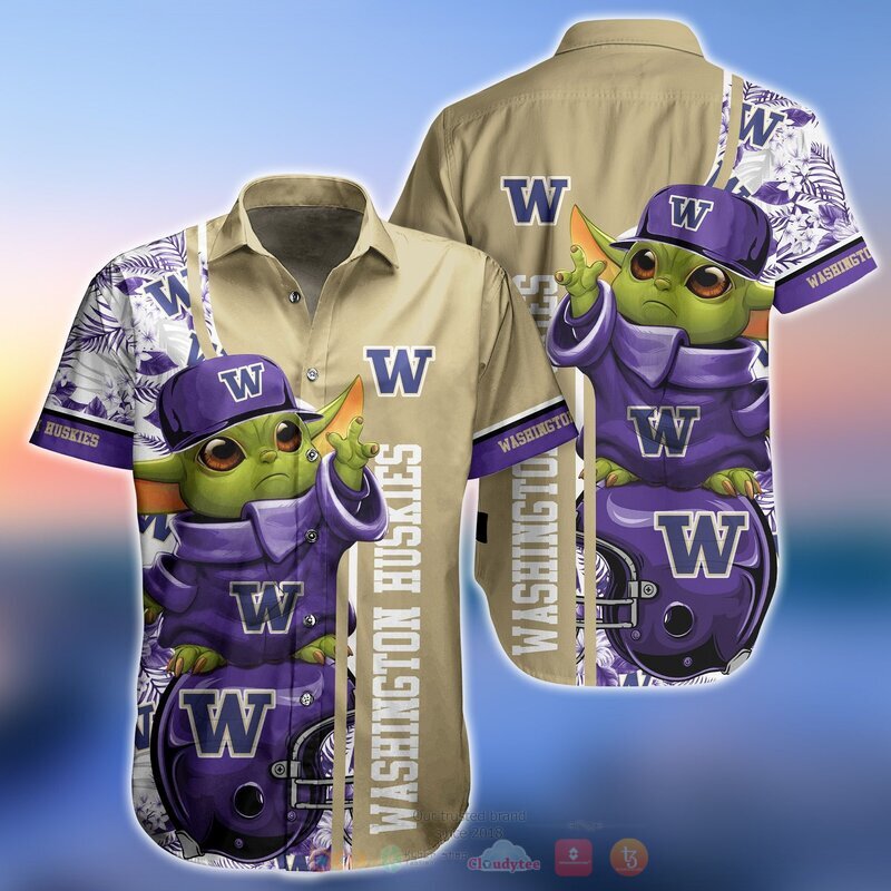 NCAA Washington Huskies Baby Yoda Hawaiian Shirt, Short 2 NCAA Washington Huskies Baby Yoda Hawaiian Shirt Short 1