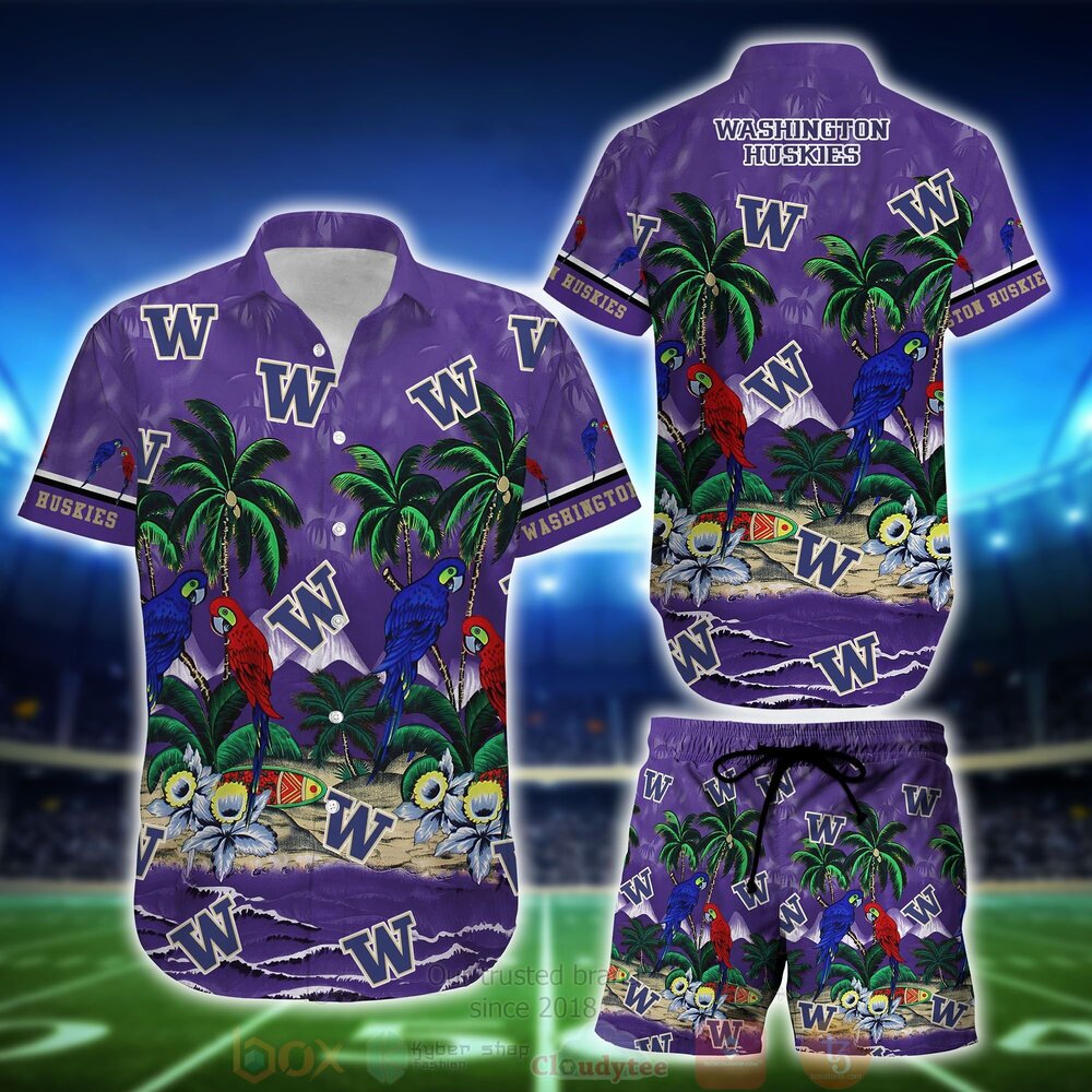 BEST NCAA Washington Huskies Tropical Sea And Parrots Aloha Shirt, Short 11 NCAA Washington Huskies Tropical Sea And Parrots Hawaiian Shirt Short