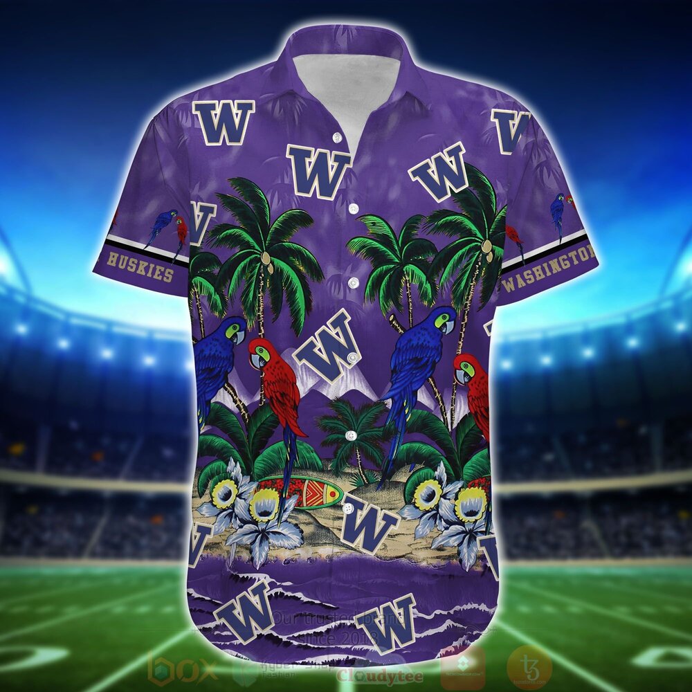 NCAA Washington Huskies Tropical Sea And Parrots Hawaiian Shirt Short 1 2 3 4