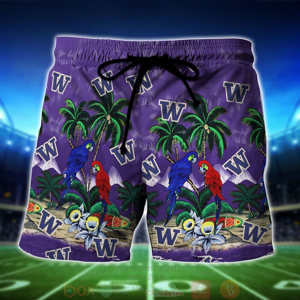 NCAA Washington Huskies Tropical Sea And Parrots Hawaiian Shirt Short 1 2 3 4 5