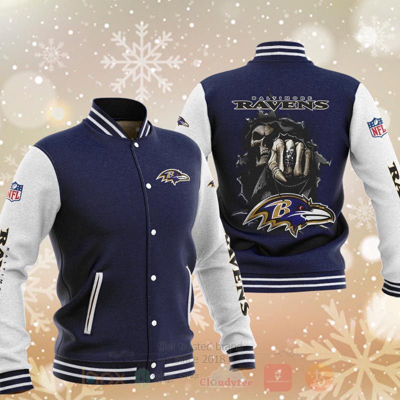 BEST NFL Baltimore Ravens Death Skull 3D Baseball Jacket 2 NFL Baltimore Ravens Death Skull Baseball Jacket 1