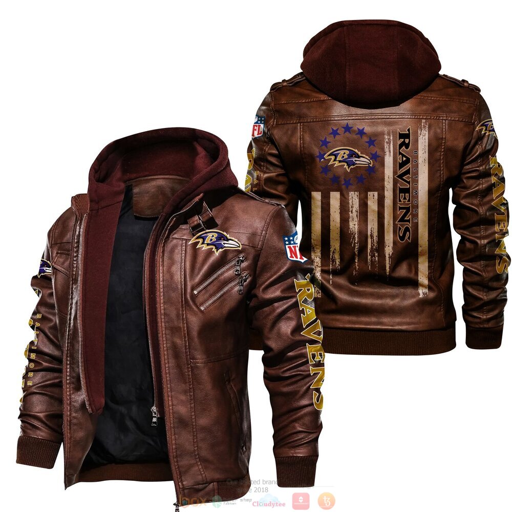 NFL Baltimore Ravens Thin Line Flag Leather Jacket 2 NFL Baltimore Ravens Thin Line Flag Leather Jacket 1