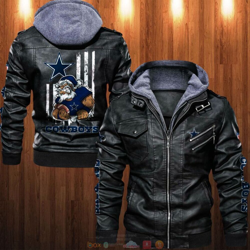 NFL Dallas Cowboys Santa Thin Line Flag Leather Jacket