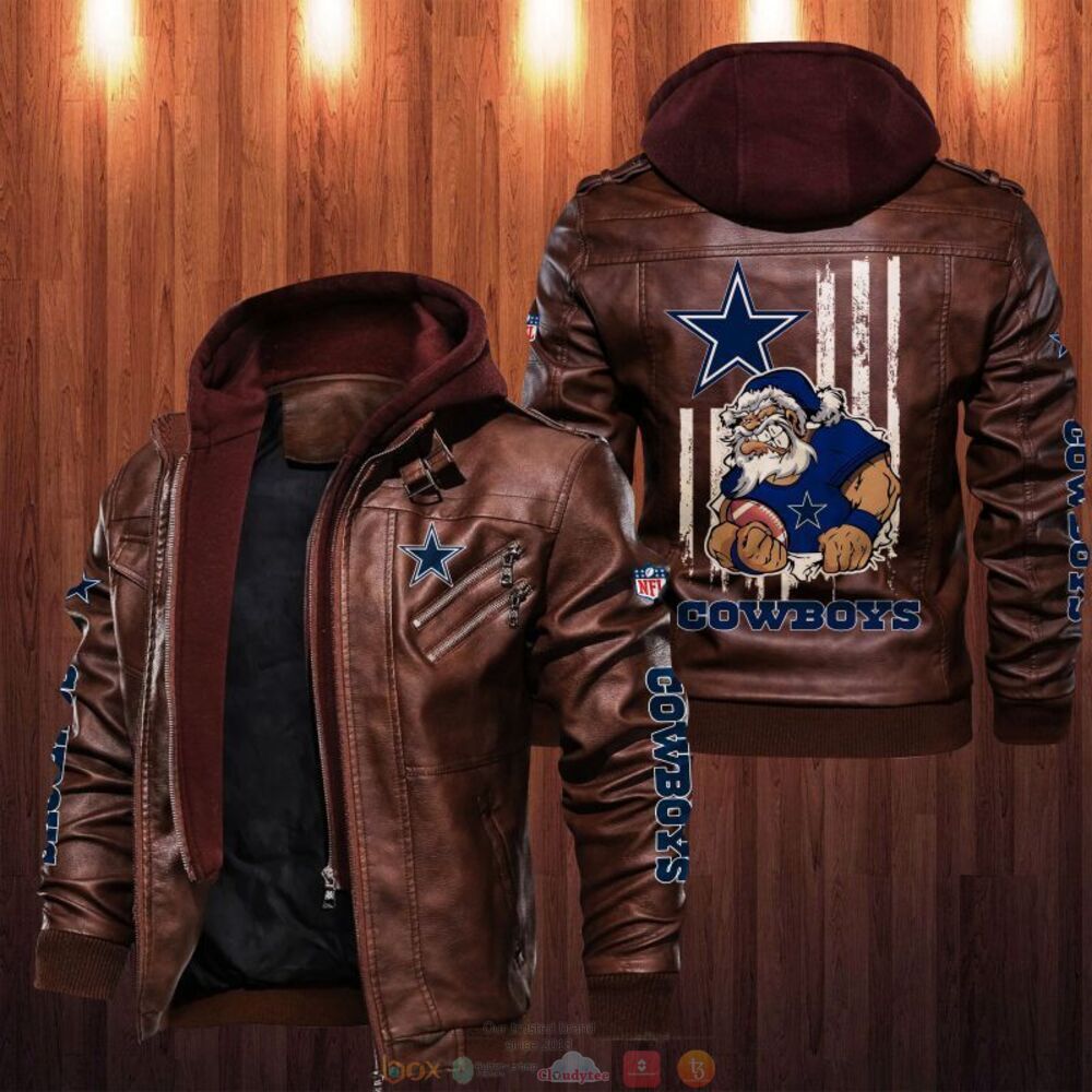 NFL Dallas Cowboys Santa Thin Line Flag Leather Jacket 2 NFL Dallas Cowboys Santa Thin Line Flag Leather Jacket 1