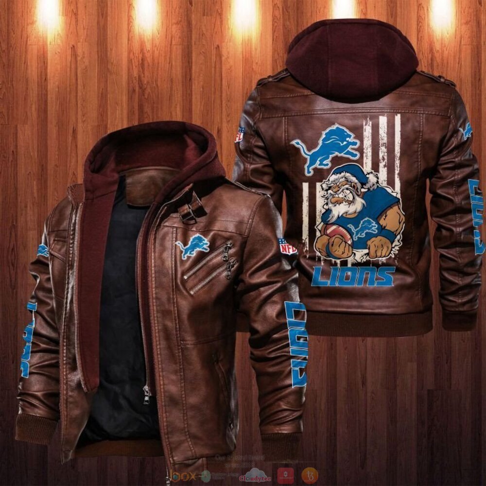 NFL Detroit Lions Santa Thin Line Flag Leather Jacket 2 NFL Detroit Lions Santa Thin Line Flag Leather Jacket 1