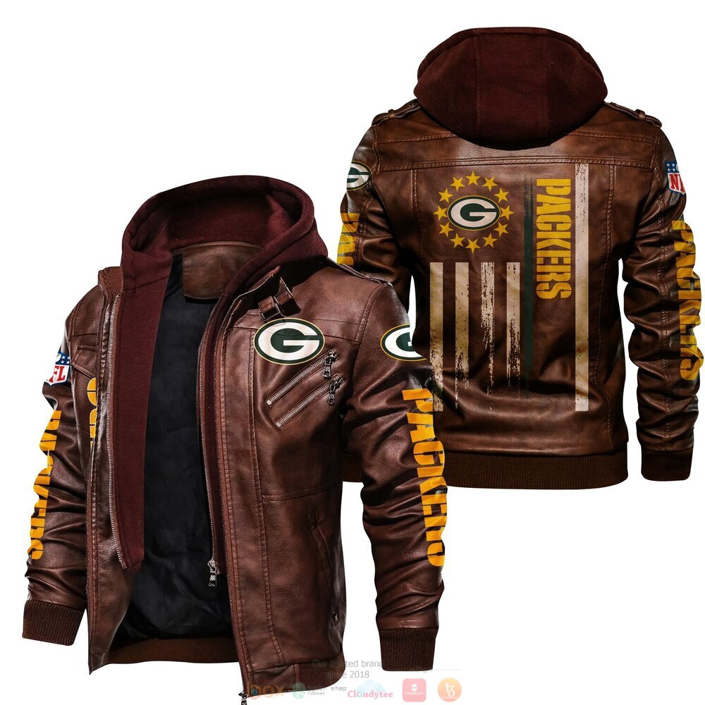 NFL Green Bay Packers Thin Line Flag Leather Jacket 2 NFL Green Bay Packers Thin Line Flag Leather Jacket 1