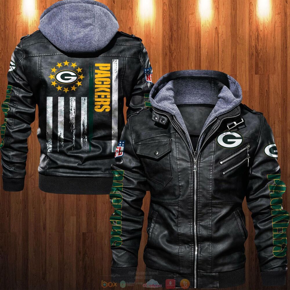 NFL Green Bay Packers Thin line Flag Green Leather Jacket