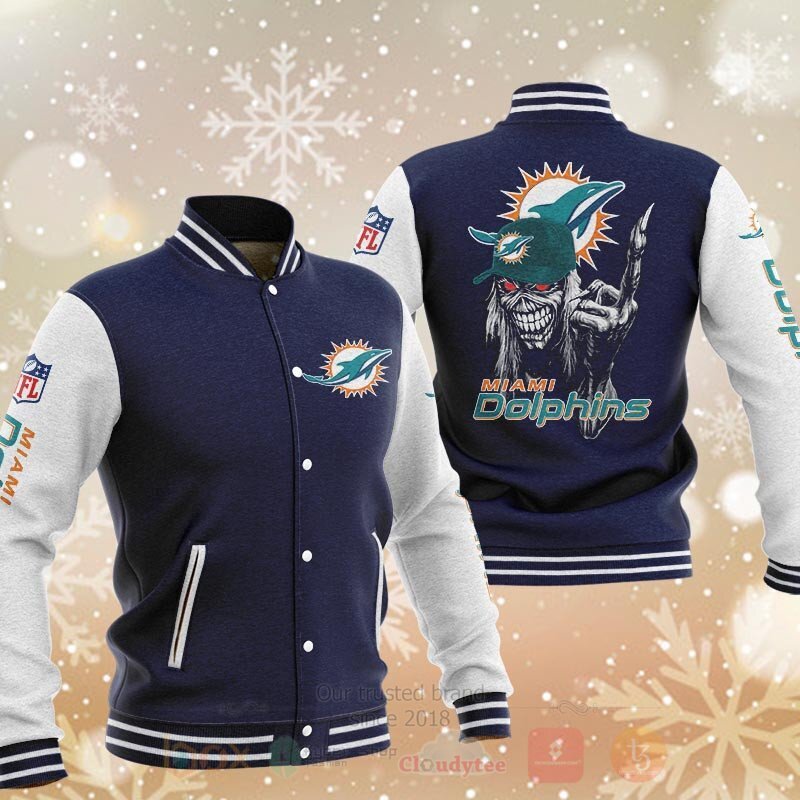 BEST NFL Miami Dolphins Death Skull 3D Baseball Jacket 2 NFL Miami Dolphins Death Skull Baseball Jacket 1
