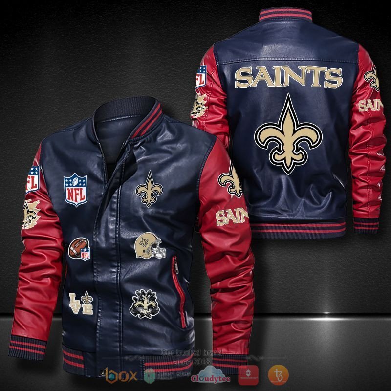 NFL New Orleans Saints logo team Bomber leather jacket 4 NFL New Orleans Saints logo team Bomber leather jacket 1 2 3