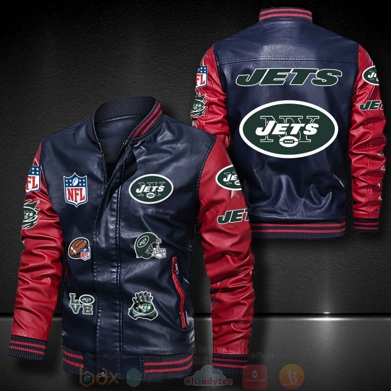 BEST NFL New York Jets 2D Leather Bomber Jacket 4 NFL New York Jets Bomber Leather Jacket 1 2 3