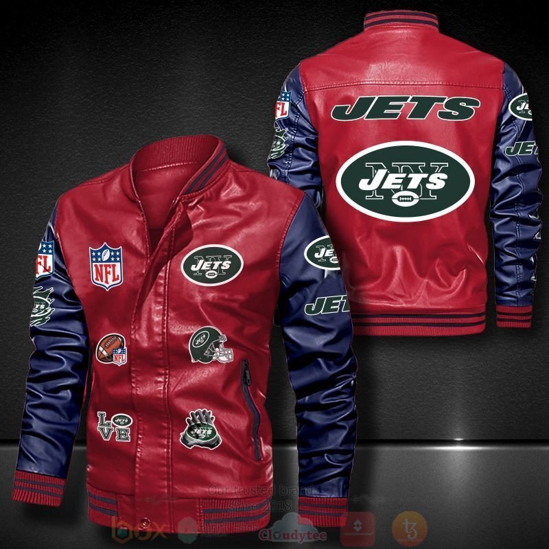 BEST NFL New York Jets 2D Leather Bomber Jacket 5 NFL New York Jets Bomber Leather Jacket 1 2 3 4